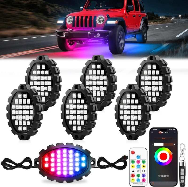 DITRIO 6 Pods Metal Aluminum RGB Rock Lights for Trucks Jeep UTV SUV ATV Golf Cart, Multi Chasing Color App/Remote Control Led Rock Lights with Music Mode, Waterproof Exterior Underglow Kits for Cars - Image 1